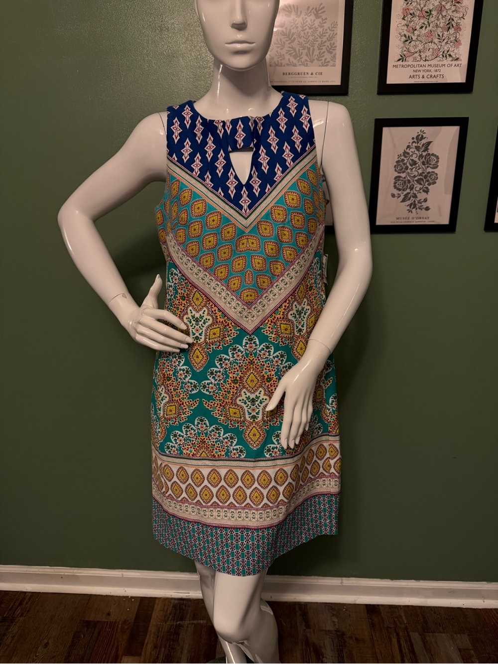 Nine West Teal, Navy & Yellow Printed Sleeveless Dress NWT Size 4
